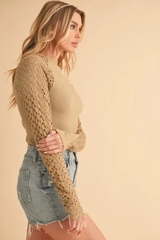 Aemi+Co Mock Neck Ribbed Knit Top with Crochet Sleeve - Trendsi - Flyclothing LLC