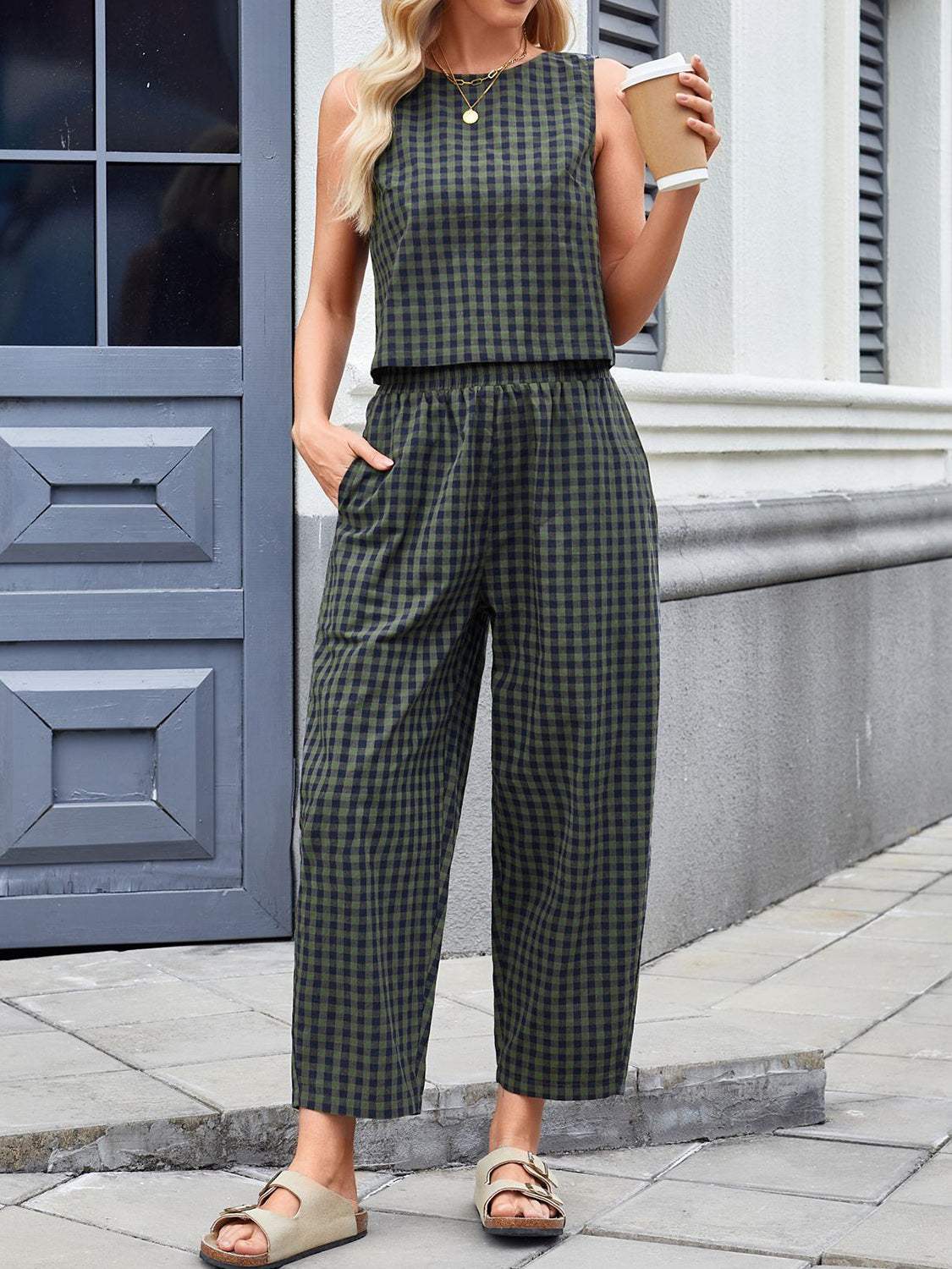 Lovelet Plaid Round Neck Sleeveless Top and Pants Set - Trendsi - Flyclothing LLC