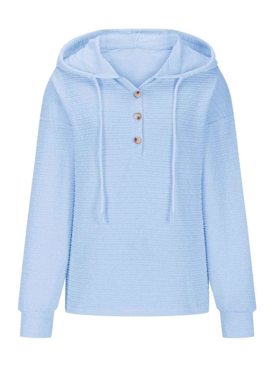 Drawstring Quarter Button Long Sleeve Hoodie - Trendsi - Flyclothing LLC