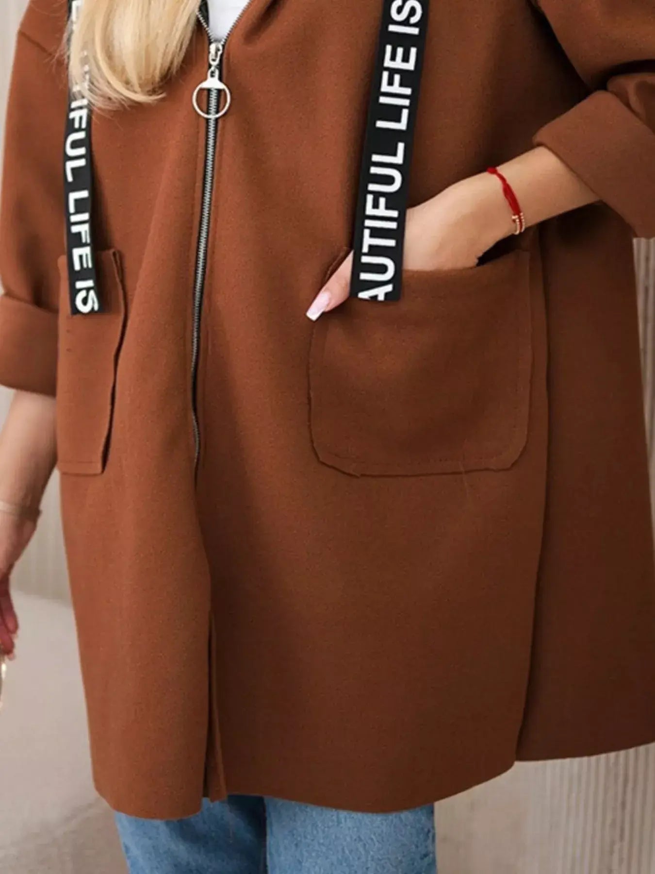 Full Size Hooded Zip-Up Longline Outerwear Plus Size - Trendsi - Flyclothing LLC