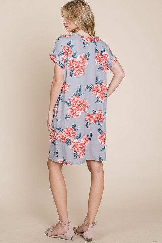 BOMBOM Floral Round Neck Short Tee Dress with Pockets - Trendsi - Flyclothing LLC