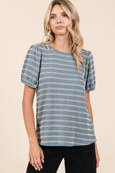 Mittoshop Contrast Striped Short Puff Sleeve Knit Top - Trendsi