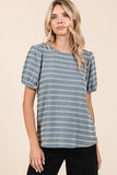 Mittoshop Contrast Striped Short Puff Sleeve Knit Top - Trendsi