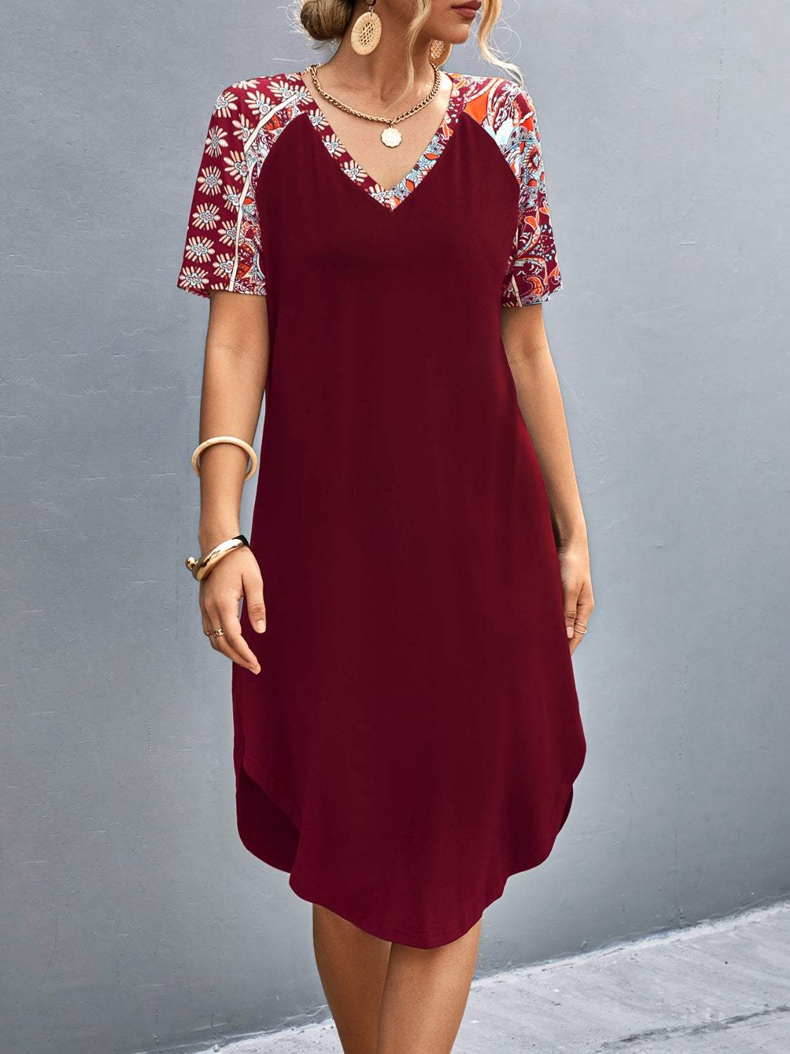 Printed V-Neck Short Sleeve Dress - Trendsi - Flyclothing LLC