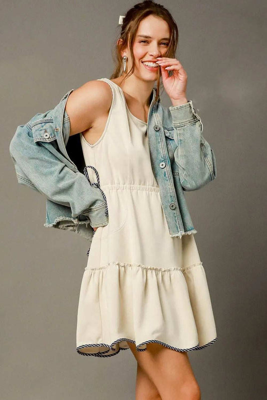 Umgee Frill Drawstring Waist Round Neck Mini Tank Dress - Trendsi - Flyclothing LLC