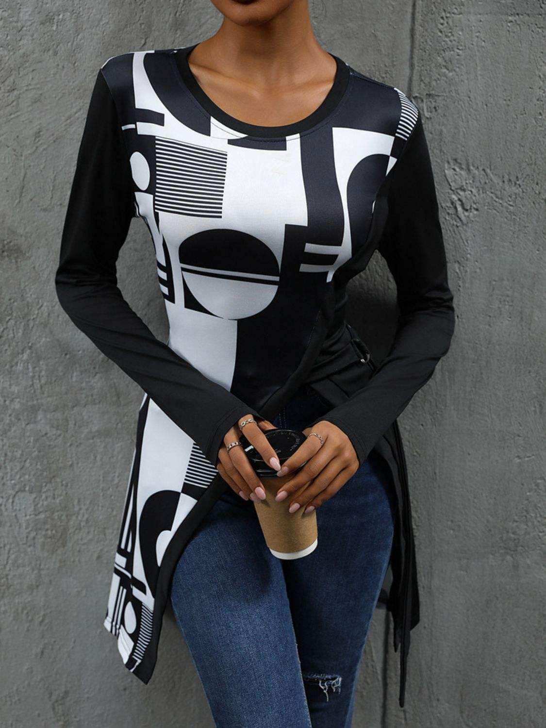 Geometric Round Neck Long Sleeve T-Shirt - Trendsi - Flyclothing LLC