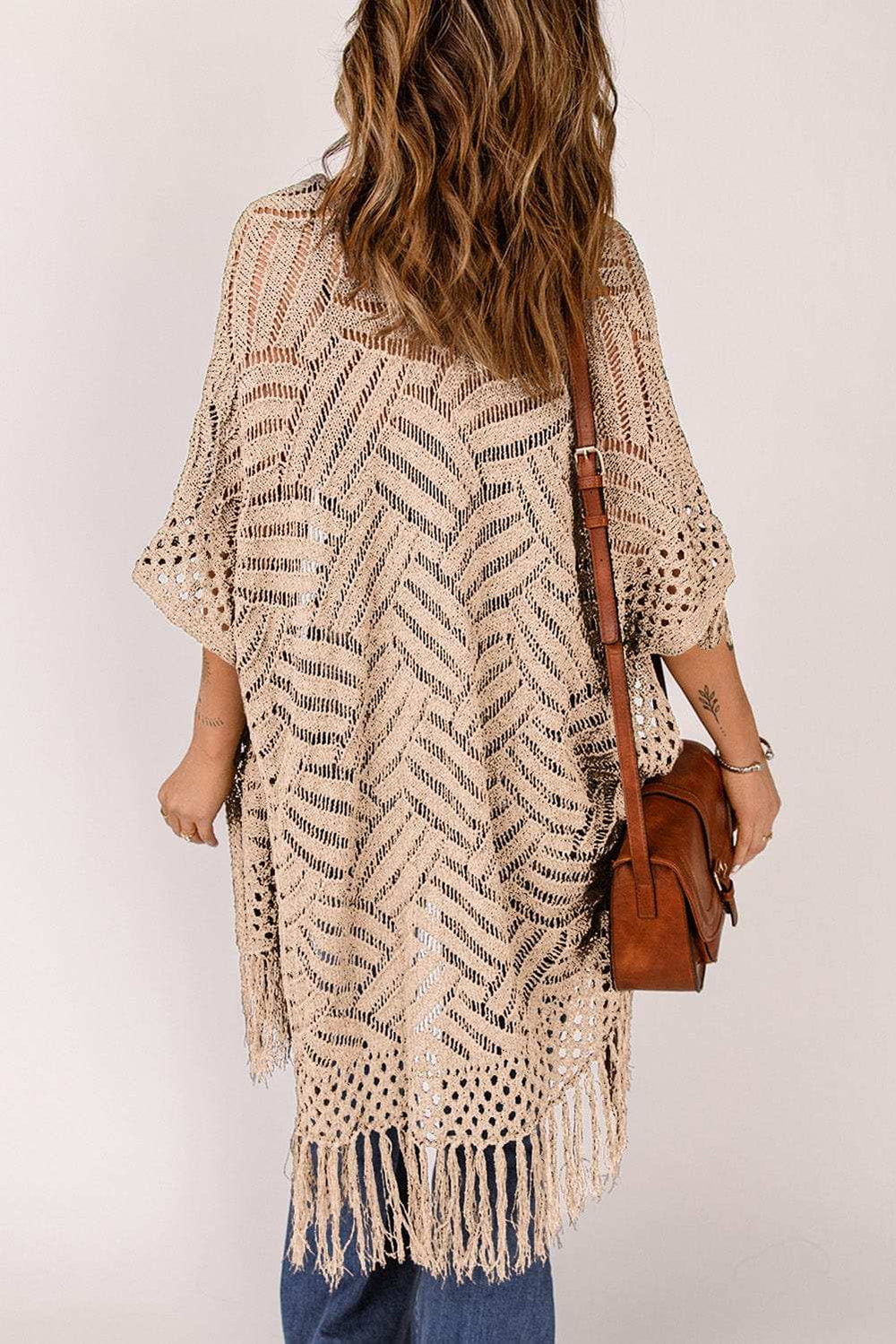 Openwork Open Front Cardigan with Fringes - Trendsi - Flyclothing LLC
