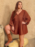 Plus Size Ruched Tie Neck Balloon Sleeve Romper - Trendsi - Flyclothing LLC