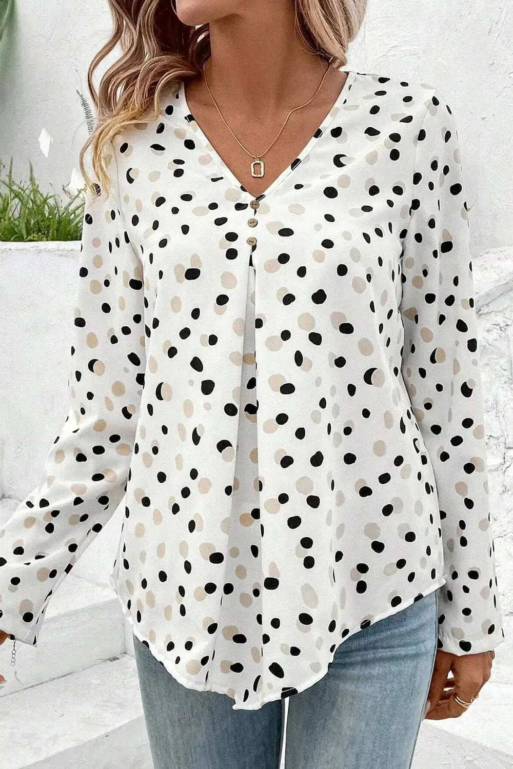 Printed V-Neck Long Sleeve Blouse - Trendsi - Flyclothing LLC