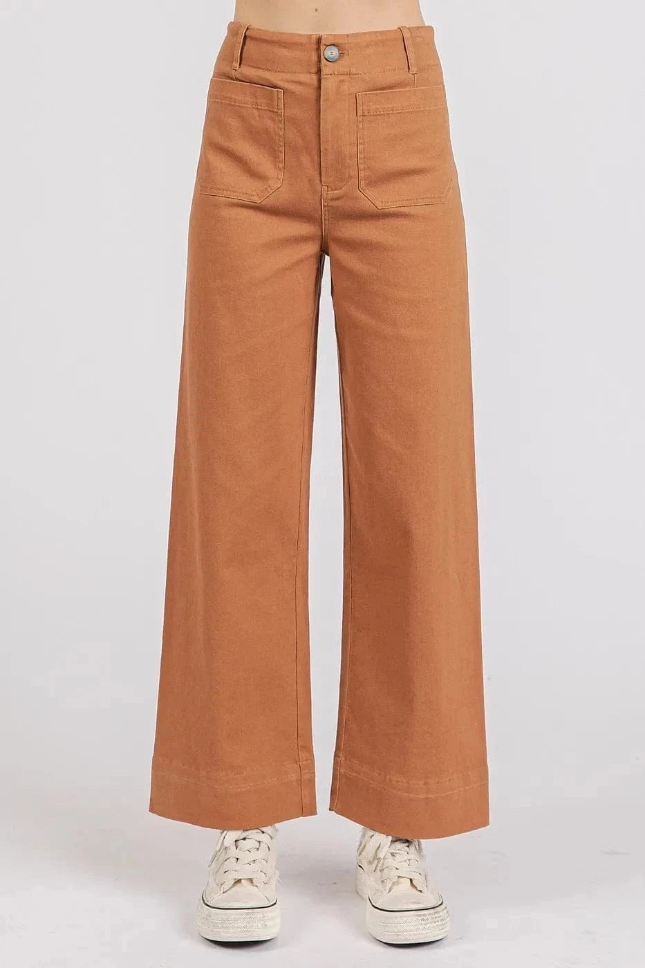 Mittoshop Twill Patch Pocket High Rise Wide Leg Pants - Trendsi