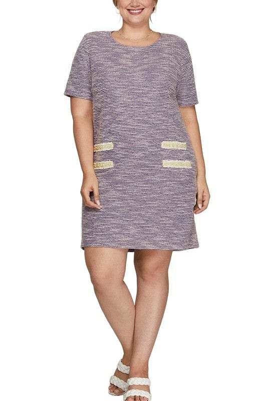 She + Sky Full Size Short Sleeve Pearl Studded Trim Knit Tweed Dress Plus Size - Trendsi - Flyclothing LLC