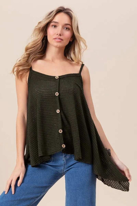 BiBi Popcorn Waffle Knit with Buttoned Front Cami Top - Trendsi - Flyclothing LLC