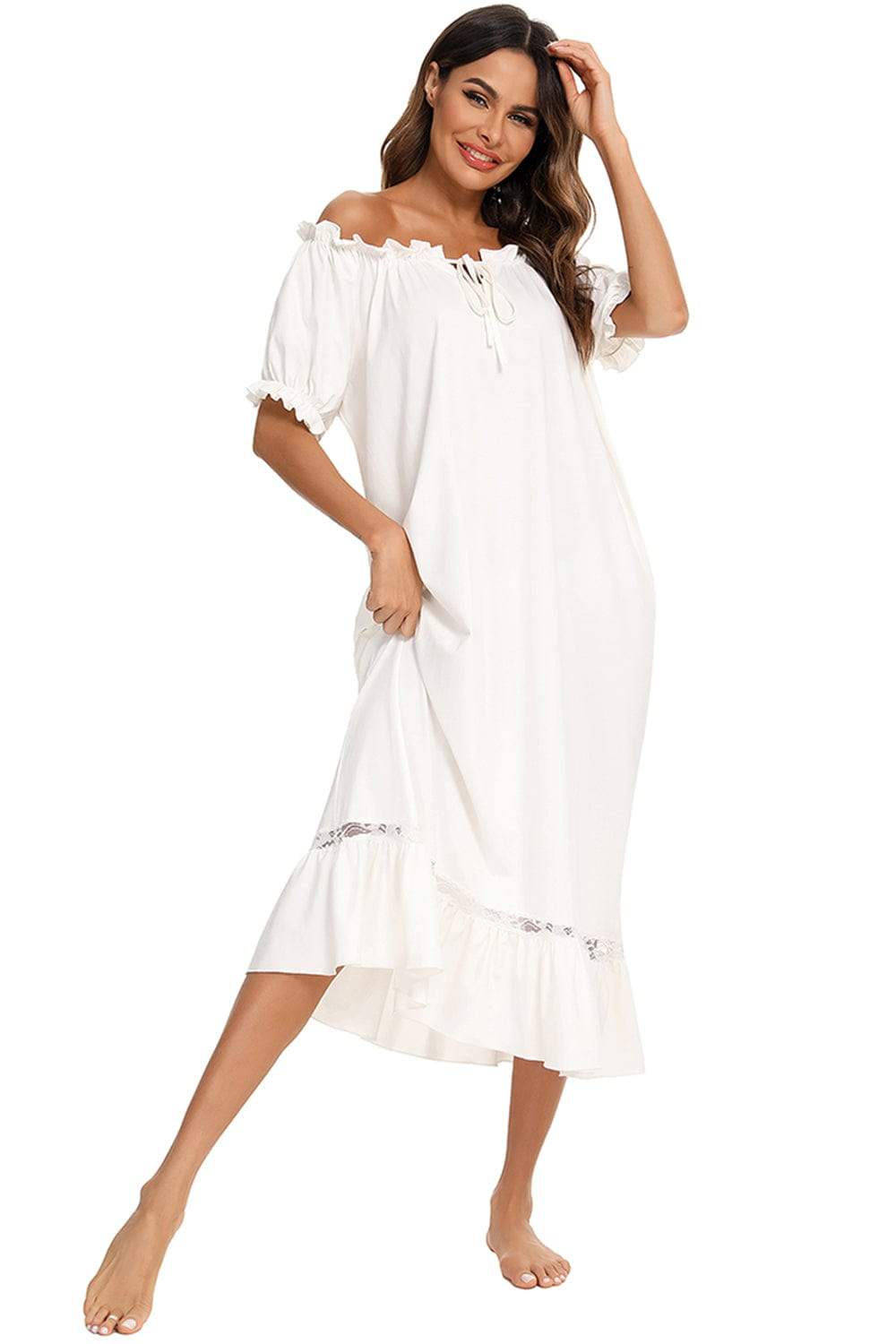 Lace Detail Short Sleeve Lounge Dress - Trendsi - Flyclothing LLC