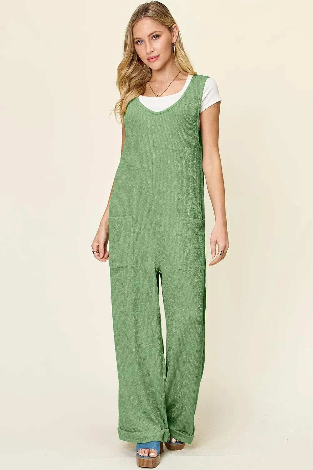 Double Take Full Size Texture Sleeveless Wide Leg Jumpsuit - Trendsi - Flyclothing LLC