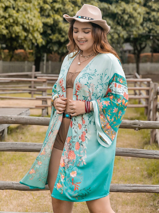 Plus Size Printed Open Front Long Sleeve Cover Up - Trendsi