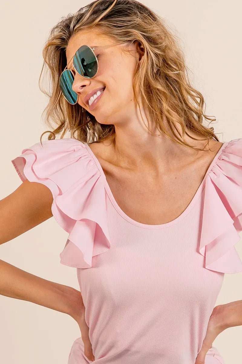 BiBi Wide Layered Ruffle Sleeve Scoop Neck Ribbed Top - Trendsi - Flyclothing LLC