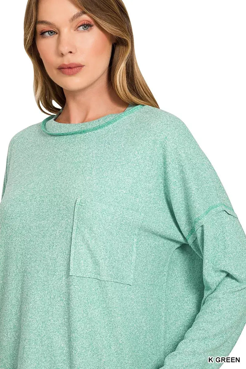 Zenana Soft Melange Hacci Round-Neck Long Sleeve T-Shirt - Trendsi - Flyclothing LLC