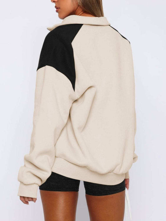 Contrast Quarter Zip Long Sleeve Sweatshirt - Trendsi - Flyclothing LLC