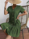 Full Size Button-Front Short Sleeve Tiered Dress Plus Size - Trendsi - Flyclothing LLC