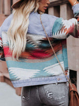 Geometric Button Up Long Sleeve Denim Jacket - Trendsi - Flyclothing LLC