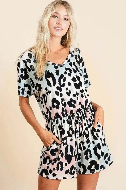 BiBi Gradation Leopard Soft Knit V-neck Romper - Trendsi - Flyclothing LLC