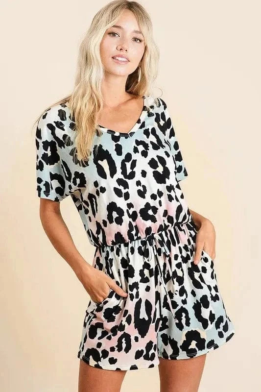 BiBi Gradation Leopard Soft Knit V-neck Romper - Trendsi