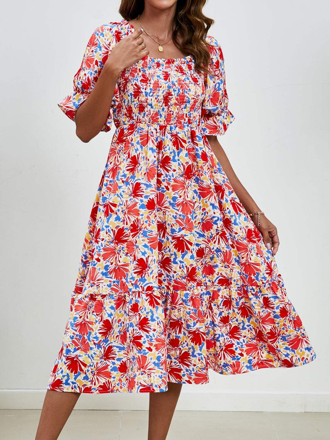 Smocked Floral Square Neck Short Sleeve Dress - Trendsi - Flyclothing LLC