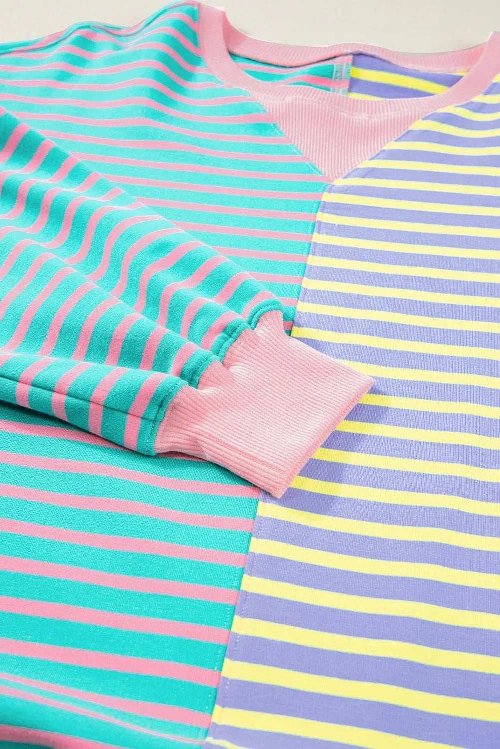 Contrast Stripes Round Neck Long Sleeve Sweatshirt - Trendsi - Flyclothing LLC