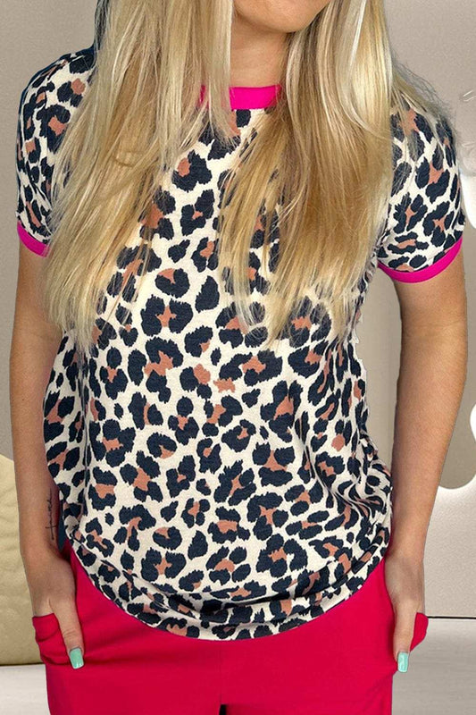 Leopard Round Neck Short Sleeve T-Shirt - Trendsi - Flyclothing LLC