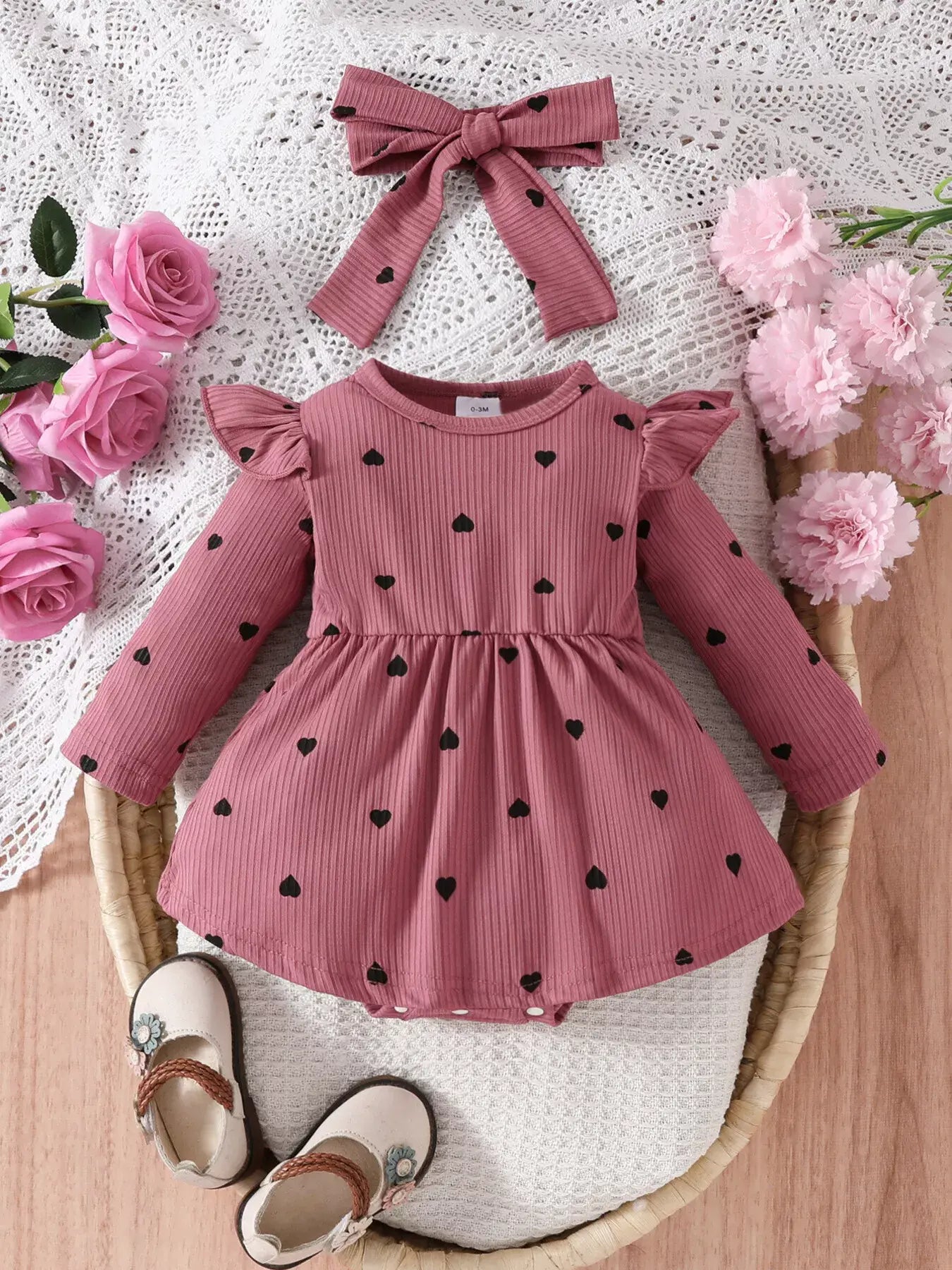 Children's Heart Print Ruffle Trim Bodysuit Dress with Headband - Trendsi - Flyclothing LLC