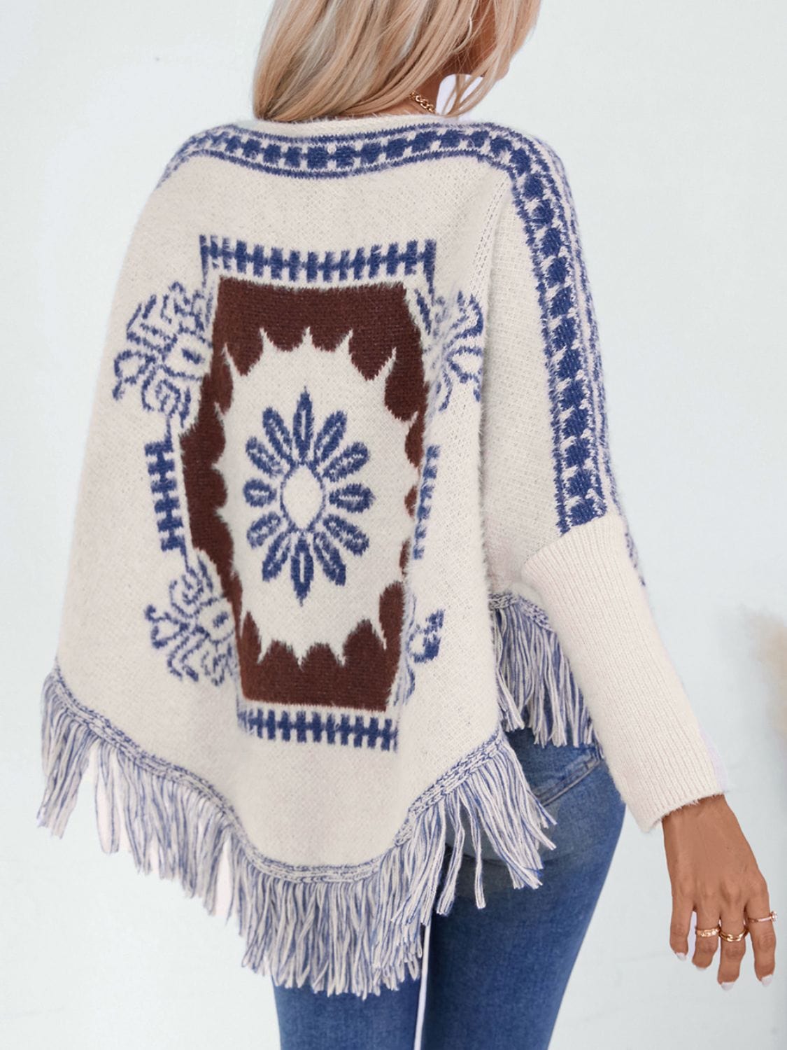 Fringe Geometric Long Sleeve Poncho - Trendsi