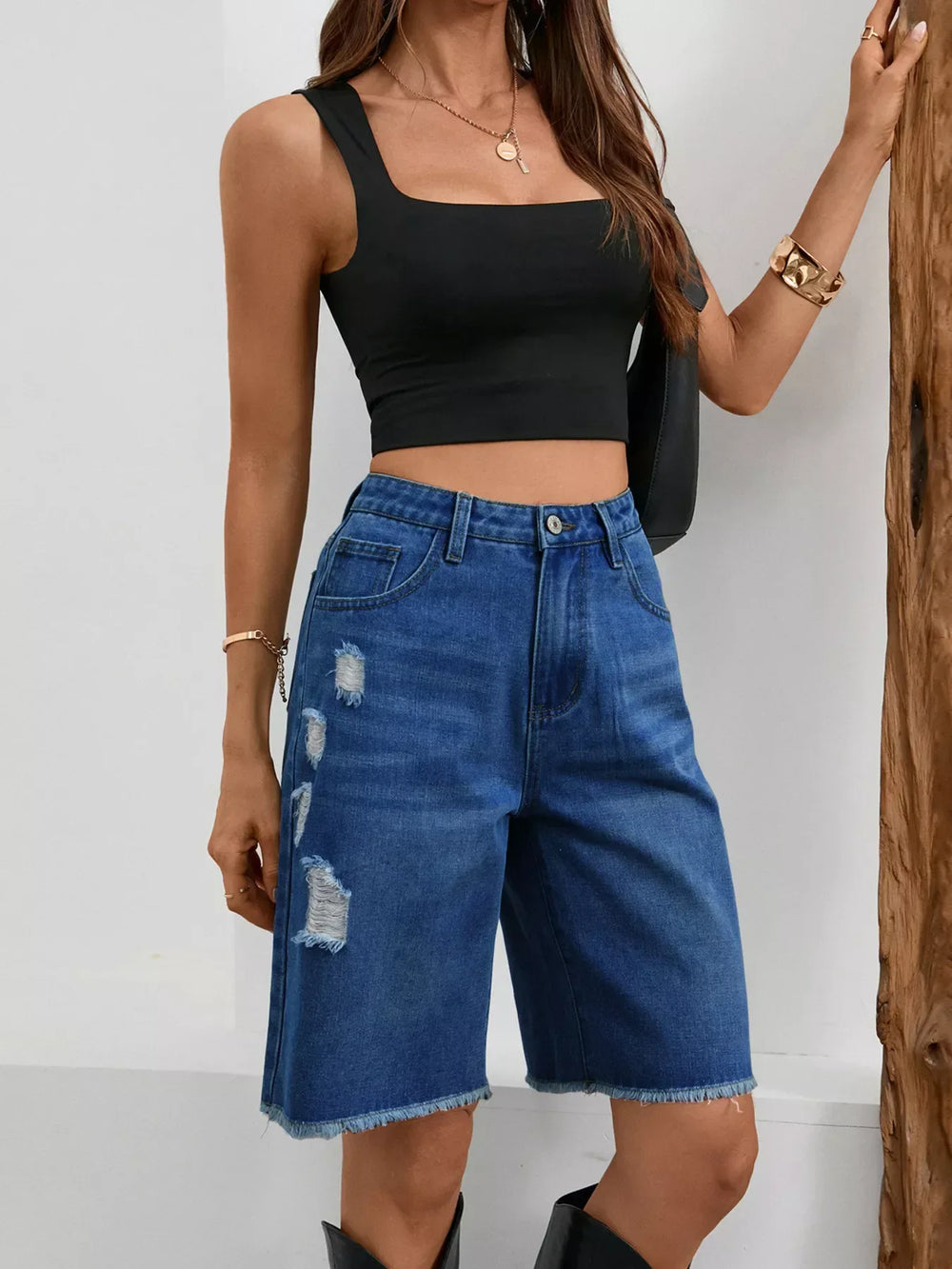 Ripped Frayed Hem Denim Shorts - Trendsi - Flyclothing LLC