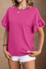 Round Neck Flounce Sleeve Blouse - Trendsi - Flyclothing LLC