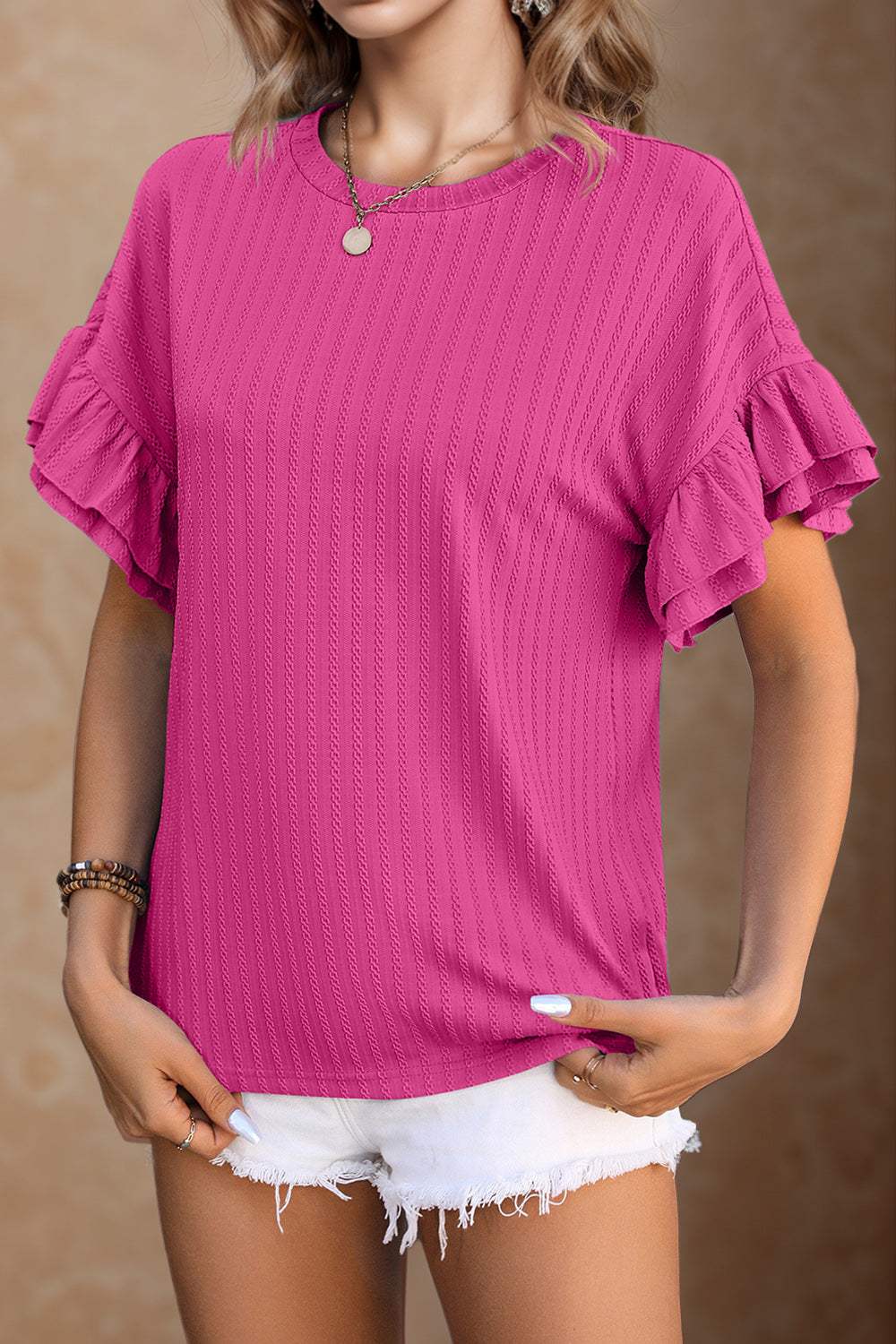 Round Neck Flounce Sleeve Blouse - Trendsi - Flyclothing LLC