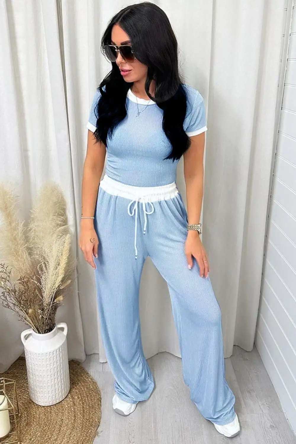Contrast Trim Round Neck Top and Pants Set - Trendsi - Flyclothing LLC