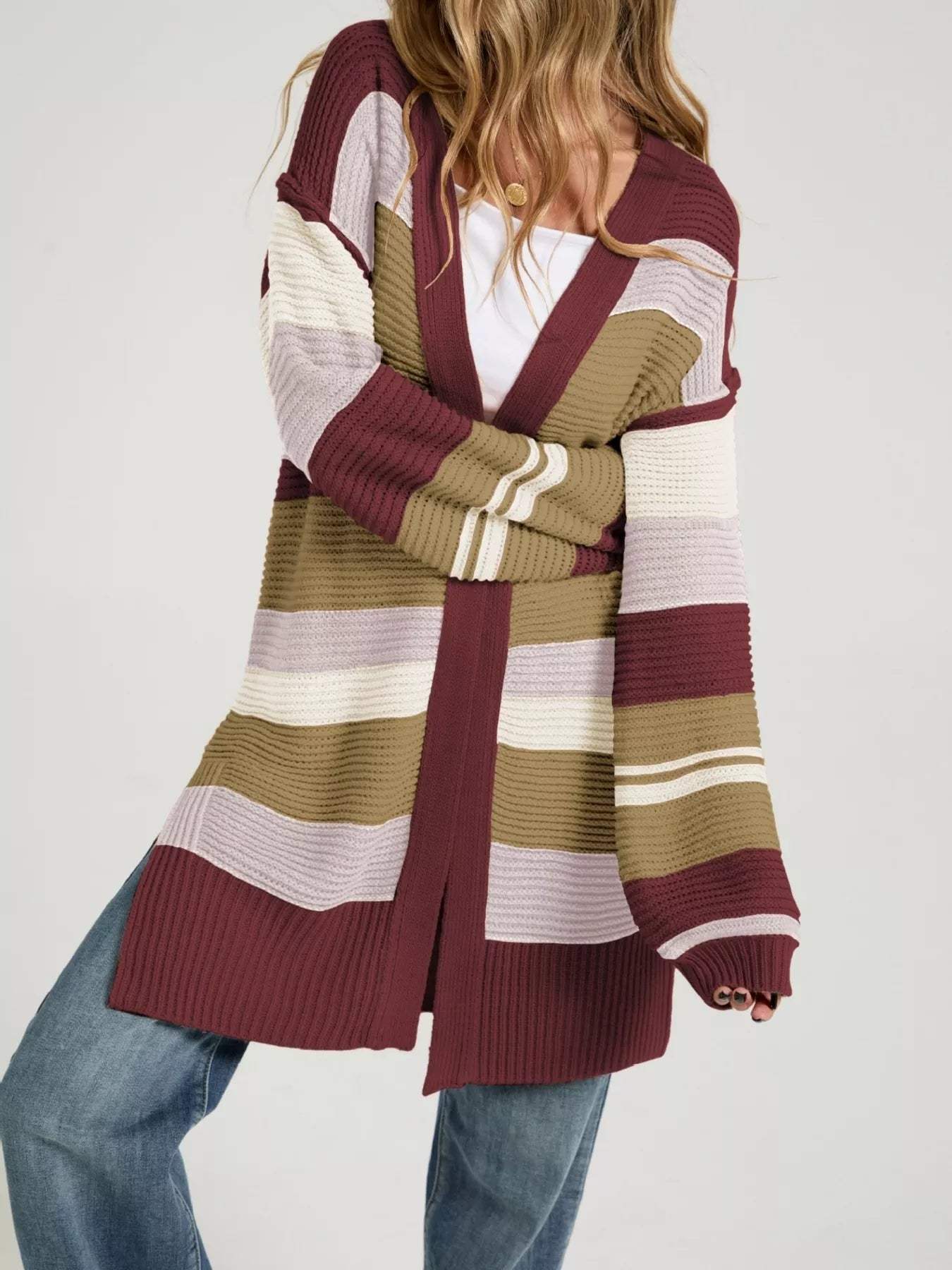 Color Block Striped Open Front Cardigan - Trendsi - Flyclothing LLC