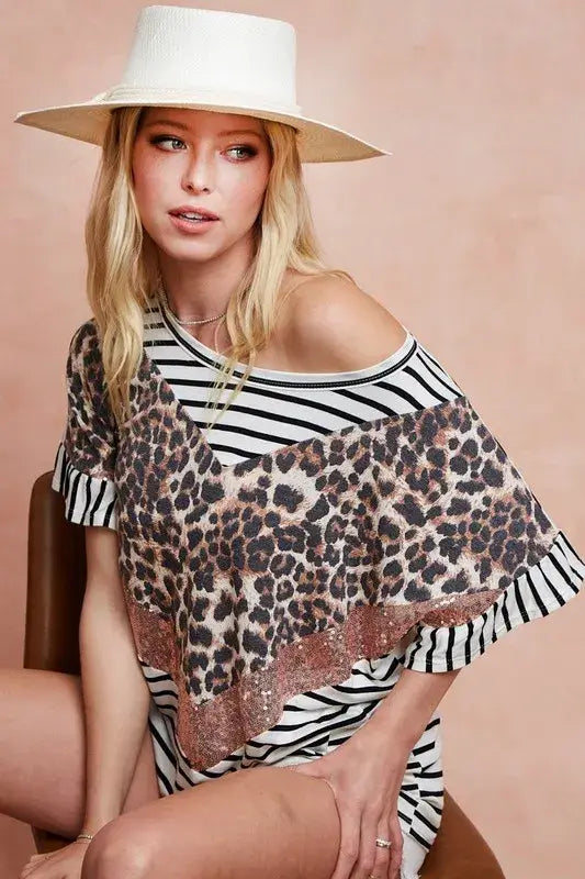 BiBi Stripe Rayon Span Knit Color Block Top With Leopard - Trendsi - Flyclothing LLC