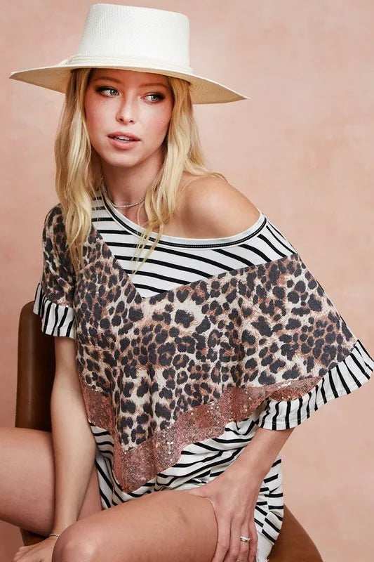 BiBi Stripe Rayon Span Knit Color Block Top With Leopard - Trendsi - Flyclothing LLC