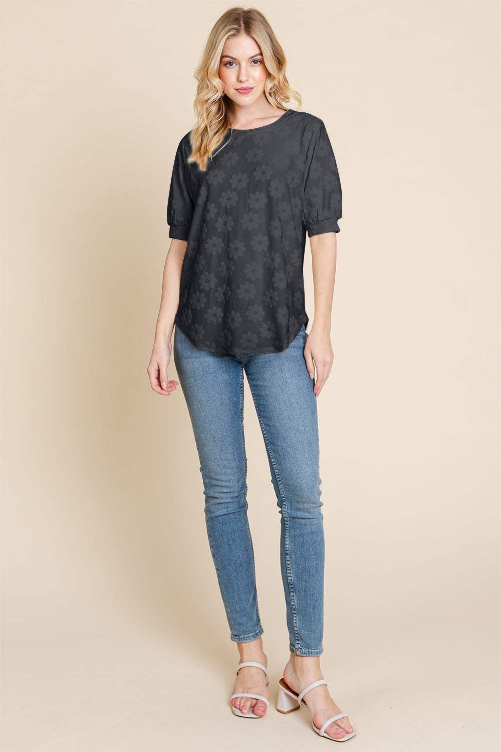 BOMBOM Textured Floral Pattern Top - Trendsi - Flyclothing LLC