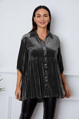 Tiered Button Up Collared Neck Shirt - Trendsi - Flyclothing LLC