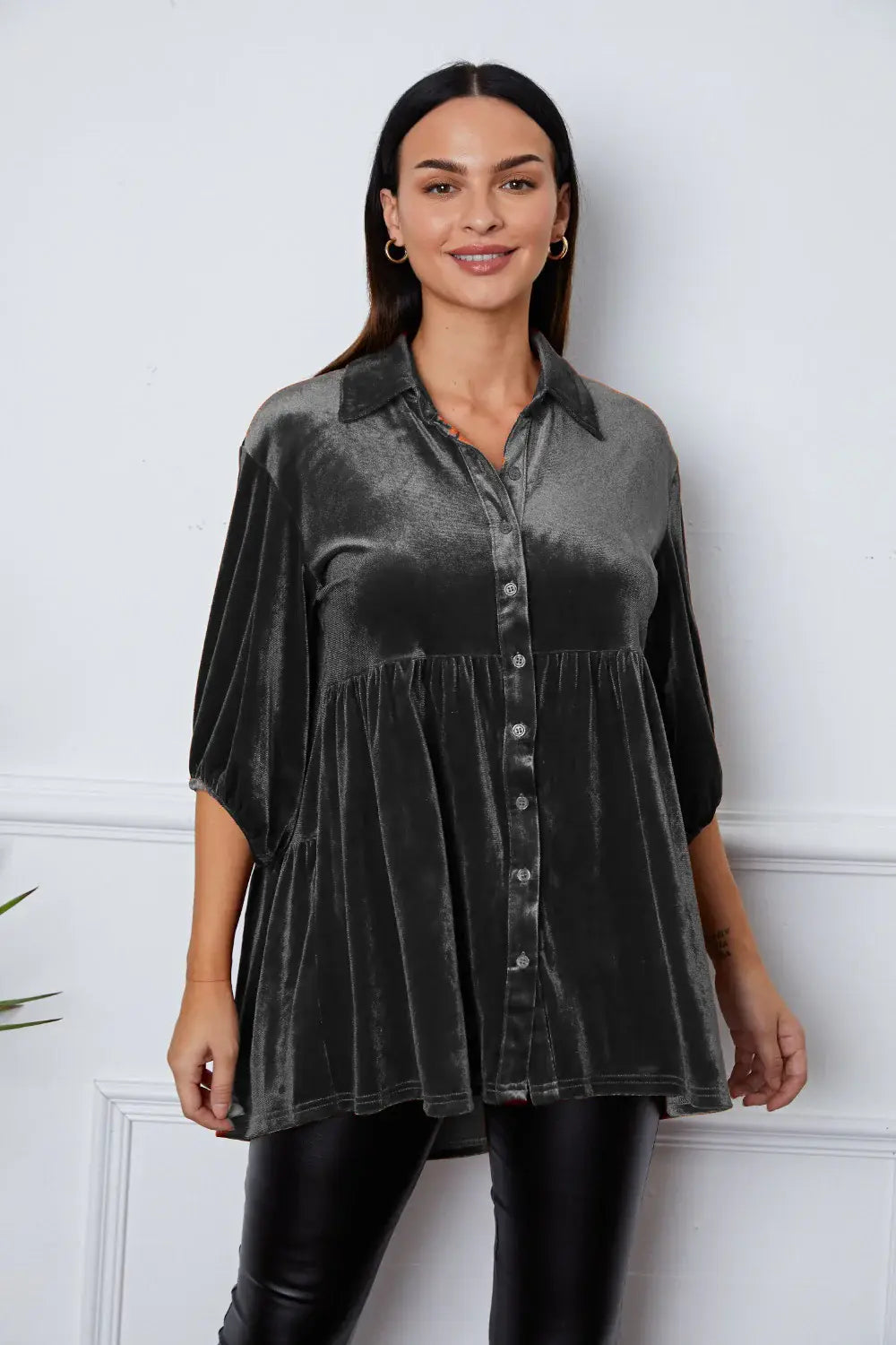 Tiered Button Up Collared Neck Shirt - Trendsi - Flyclothing LLC