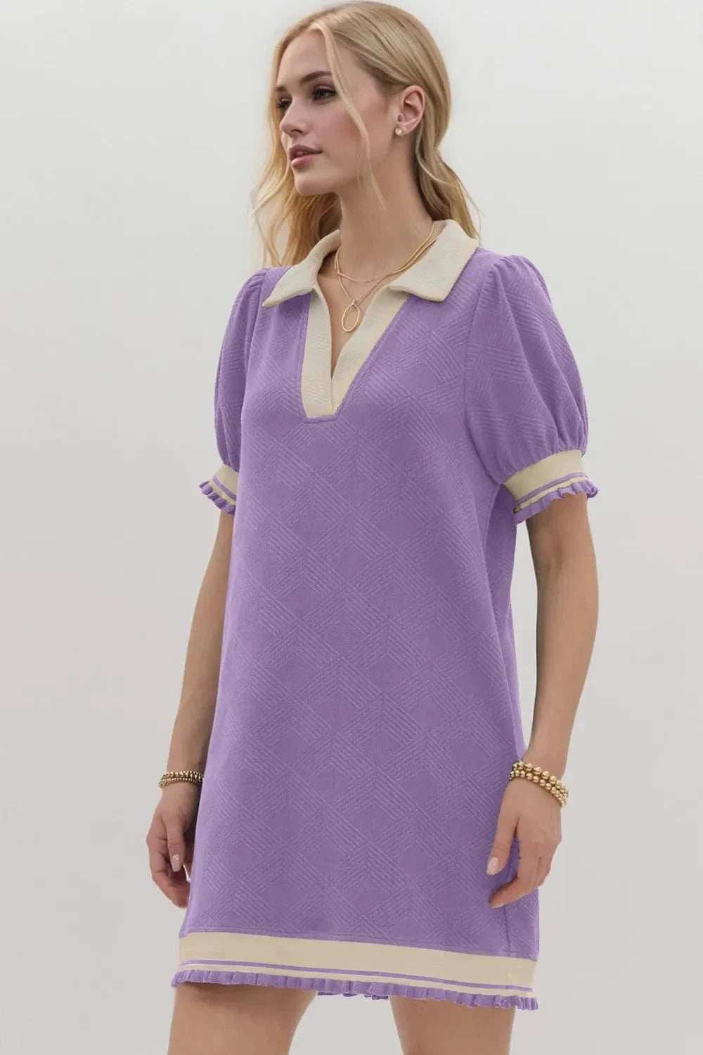 Oh Frill Contrast Trim Johnny Collar Short Sleeve Mini Dress - Trendsi - Flyclothing LLC