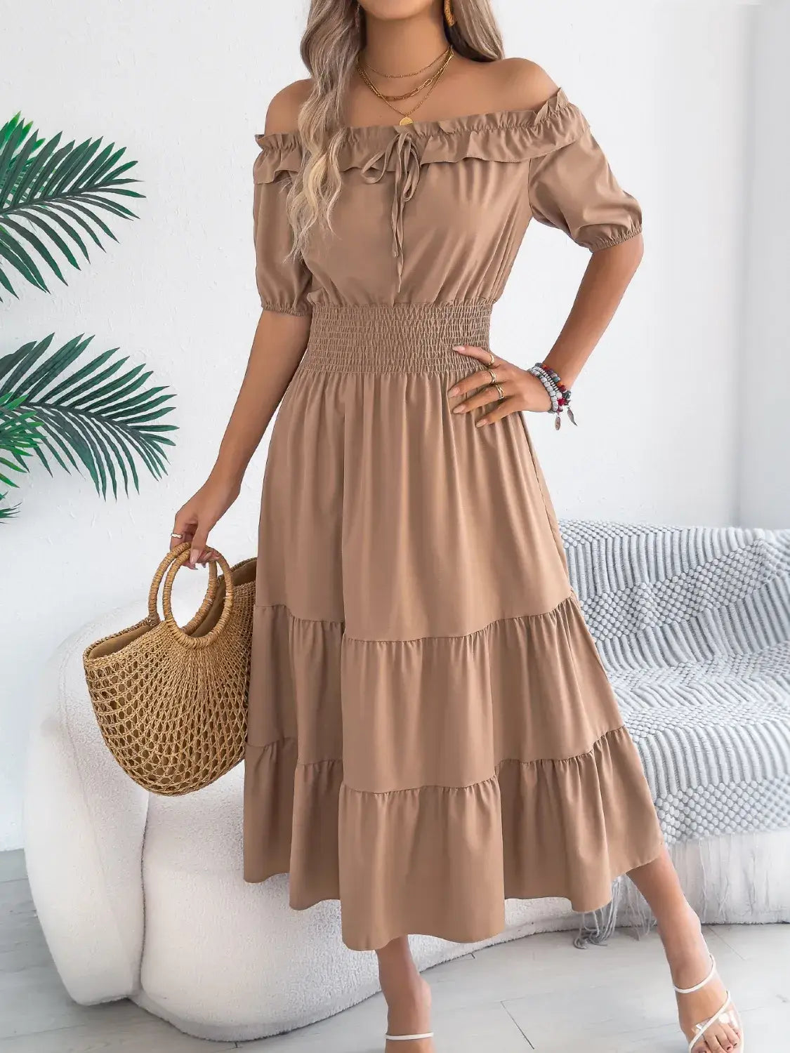 Smocked Off-Shoulder Tiered Dress - Trendsi - Flyclothing LLC