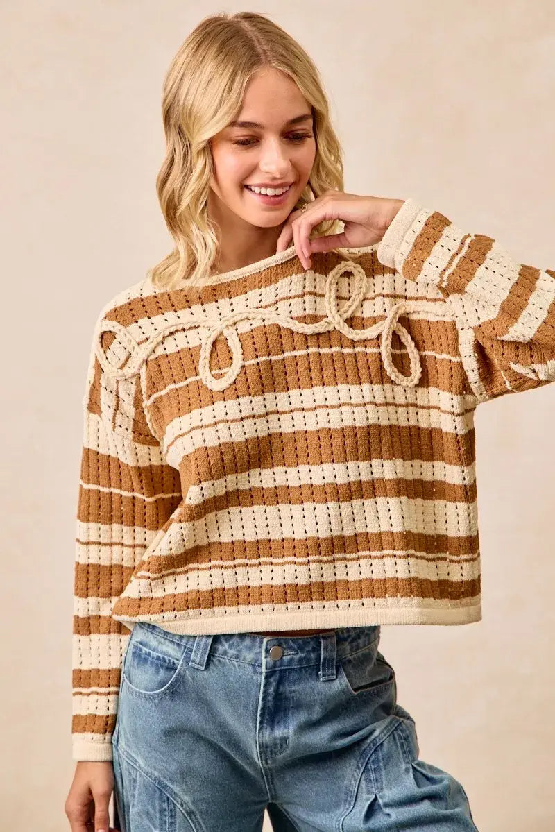 BiBi Striped Open Knit Sweater Top with Front Braided Detail - Trendsi - Flyclothing LLC