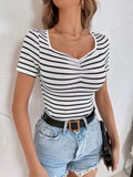 Striped V-Neck Short Sleeve T-Shirt - Trendsi