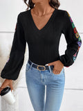 V-Neck Crochet Long Sleeve Top - Trendsi