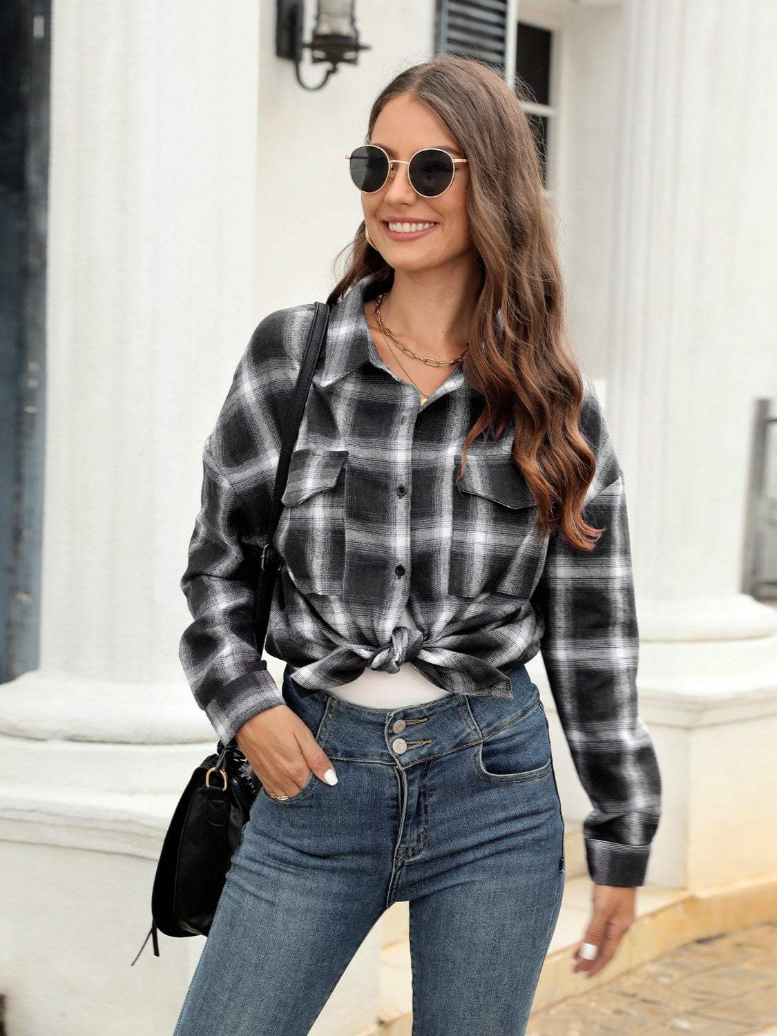 Plaid Button Up Pocketed Shirt - Trendsi - Flyclothing LLC