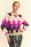 Davi & Dani Checkered Round Neck Long Sleeve Sweater - Trendsi