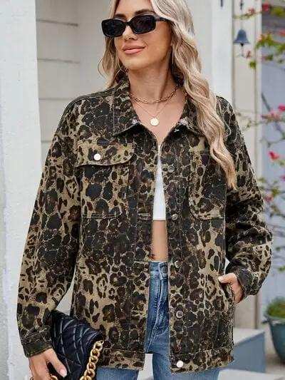 Pocketed Leopard Long Sleeve Denim Jacket - Trendsi - Flyclothing LLC