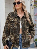 Pocketed Leopard Long Sleeve Denim Jacket - Trendsi